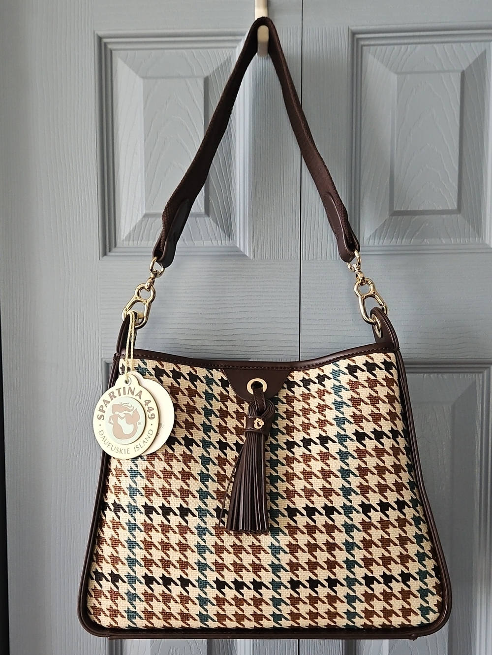 NWT Spartina 449 Eliza Pia Brown Multi Houndstooth Tassel Shoulder Bag
